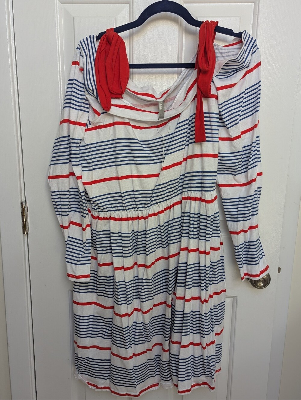 ASOS Off Shoulder White Dress w/ Navy & Red Stripes and Red Tie Straps - Size 20